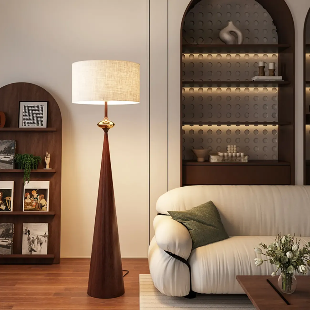 Contemporary Tapered Metal Floor Lamp Fabric Shade Image - 3