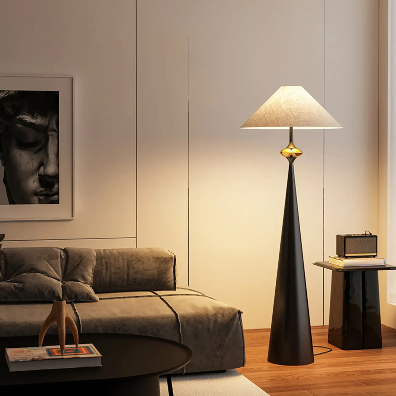 Contemporary Tapered Metal Floor Lamp Fabric Shade Image - 4 | homeyfad