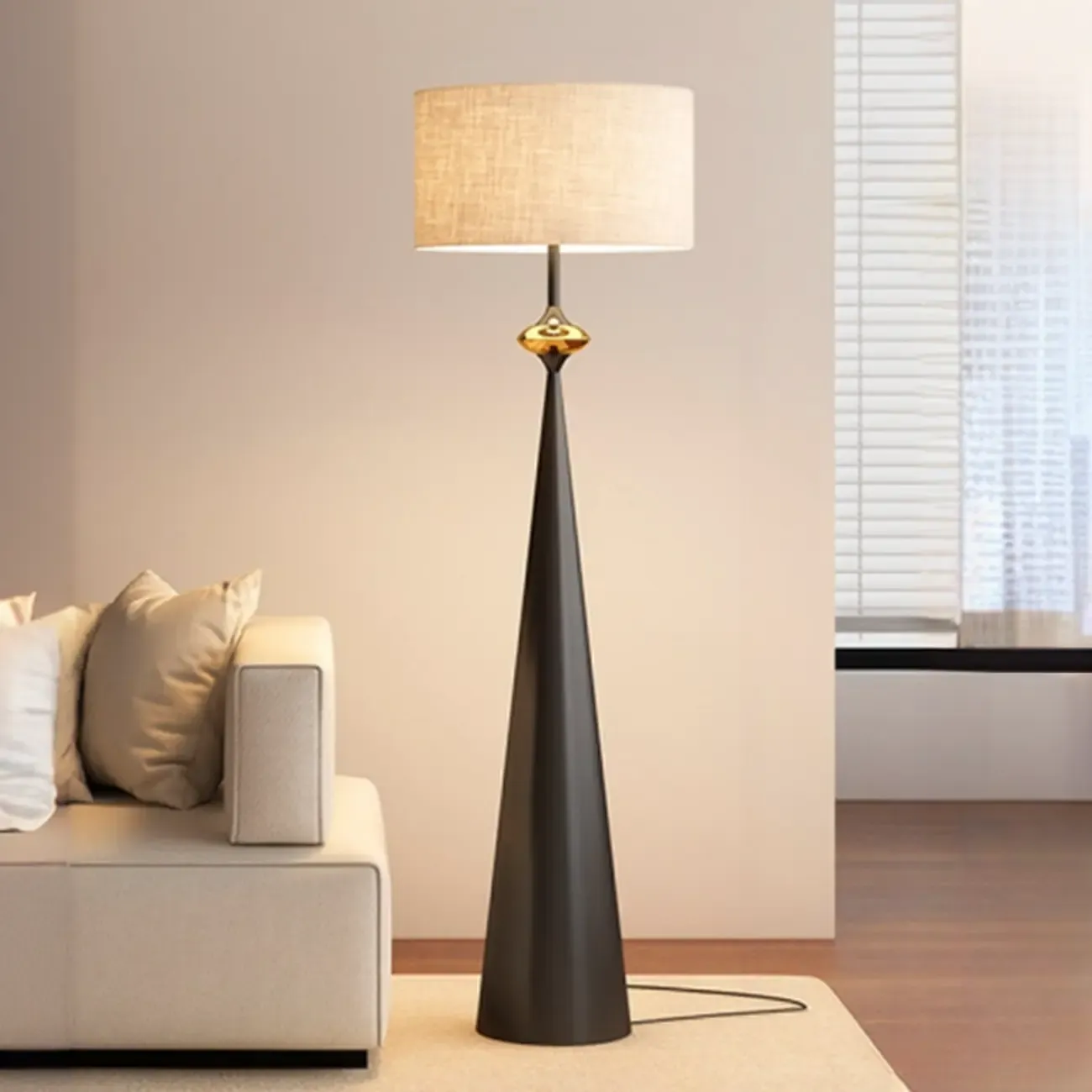 Contemporary Tapered Metal Floor Lamp Fabric Shade Image - 10