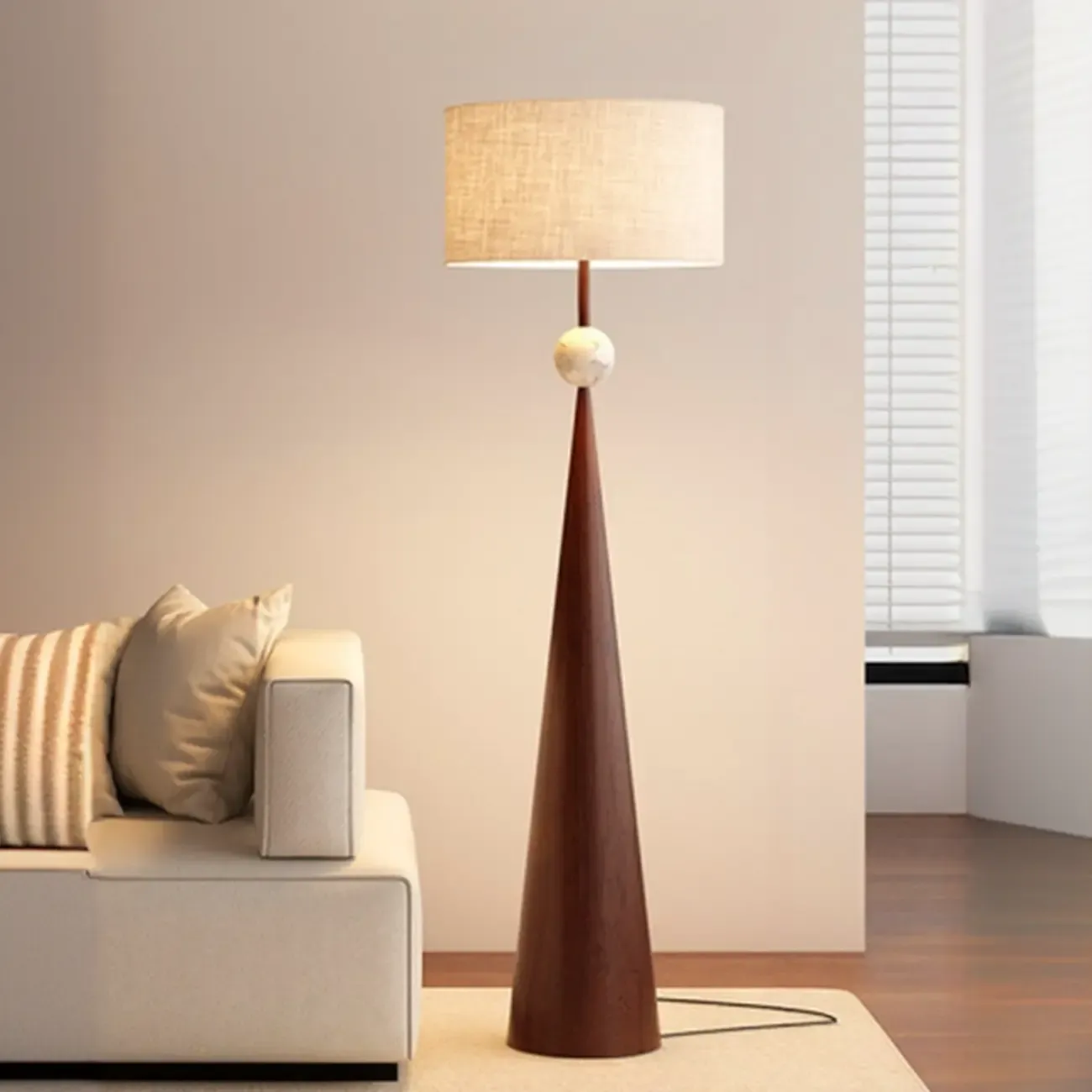 Contemporary Tapered Metal Floor Lamp Fabric Shade Image - 13