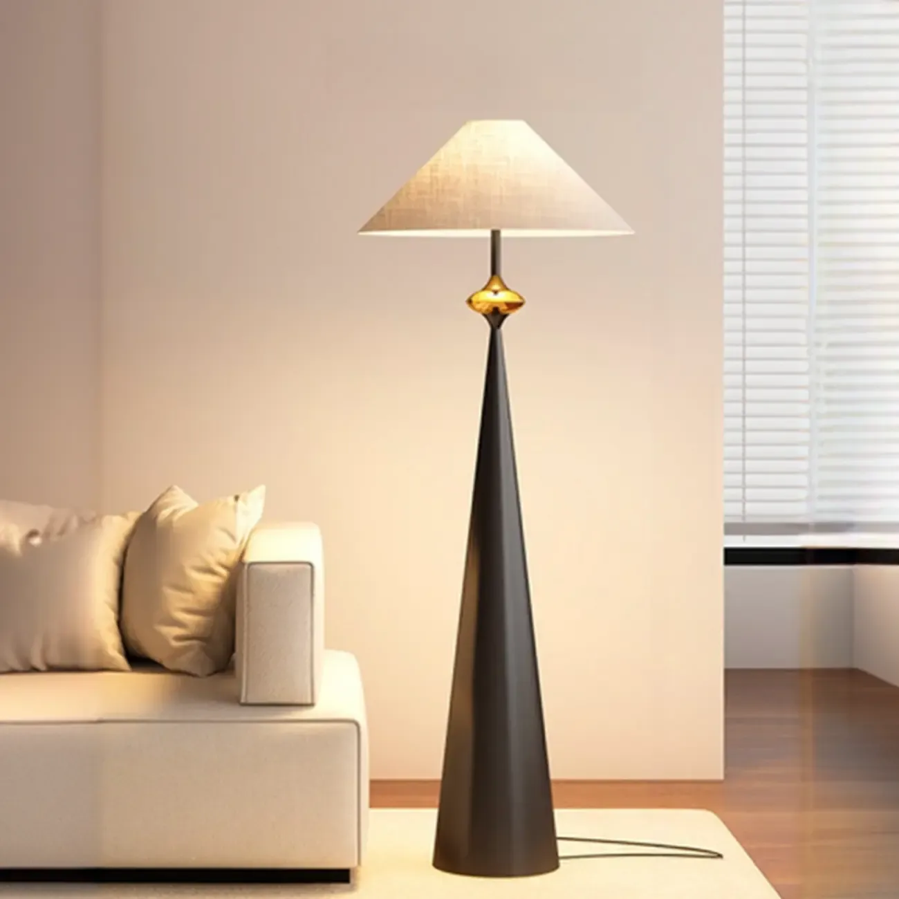 Contemporary Tapered Metal Floor Lamp Fabric Shade Image - 14