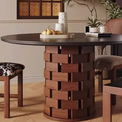 Modern Round Pedestal Dining Table with Slate Top Image - 6