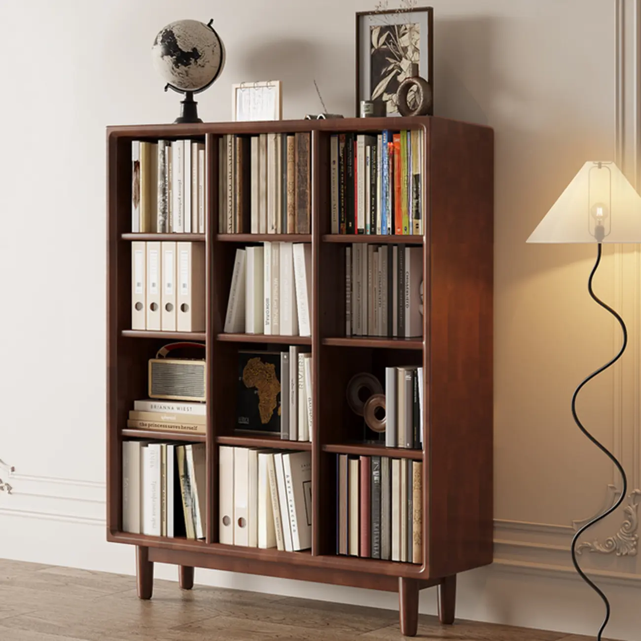 Mid Century Modern Oak Wood Closed Back Standing Bookcase Image - 6 | homeyfad