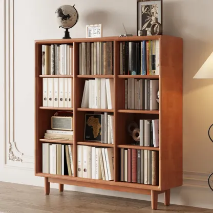 Mid Century Modern Oak Wood Closed Back Standing Bookcase Image - 9