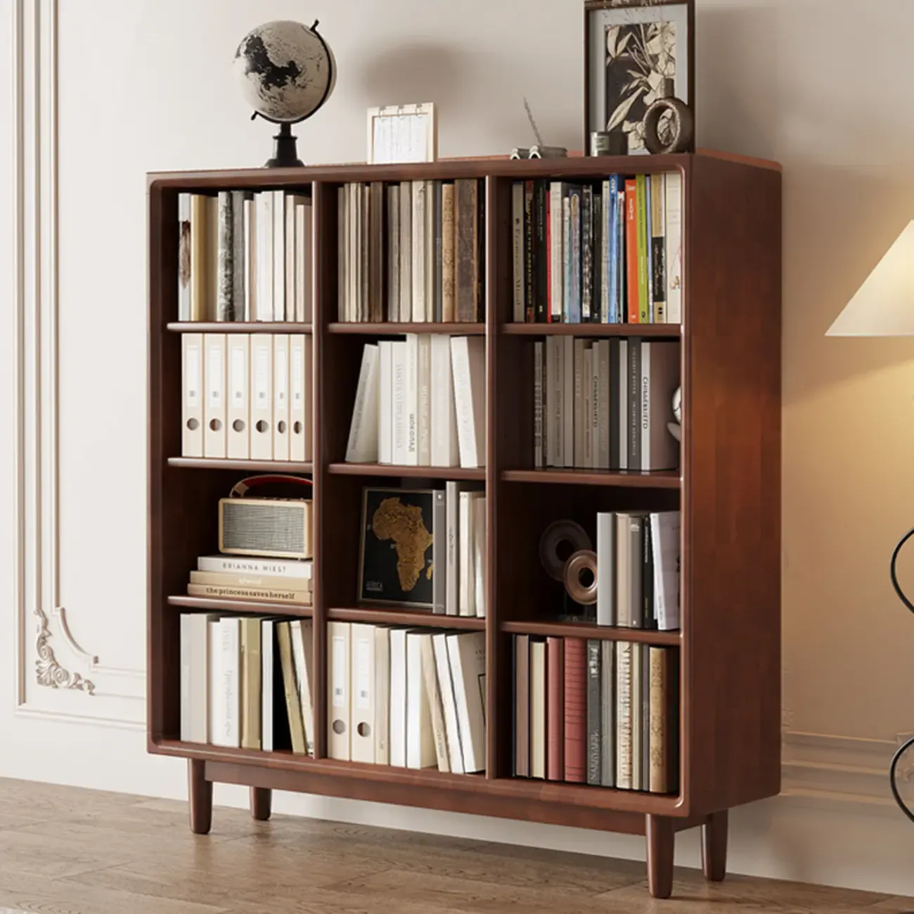 Mid Century Modern Oak Wood Closed Back Standing Bookcase Image - 11