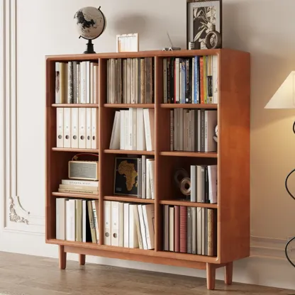 Mid Century Modern Oak Wood Closed Back Standing Bookcase Image - 13