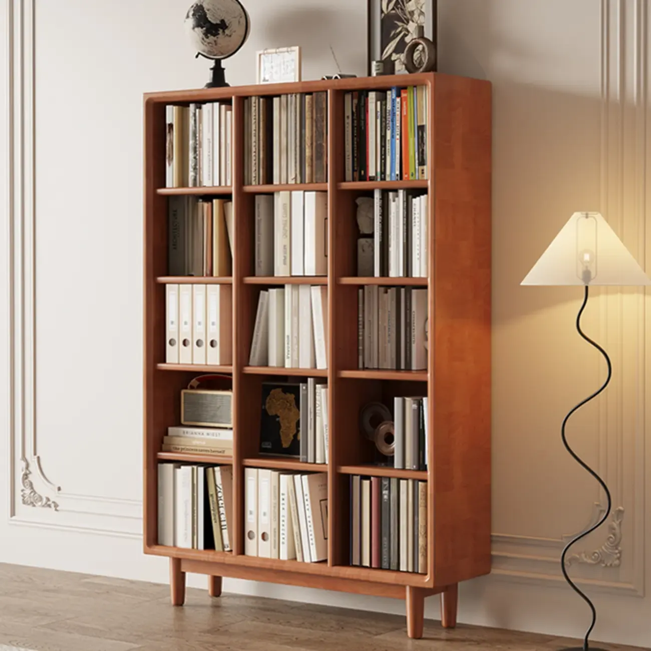 Mid Century Modern Oak Wood Closed Back Standing Bookcase Image - 16