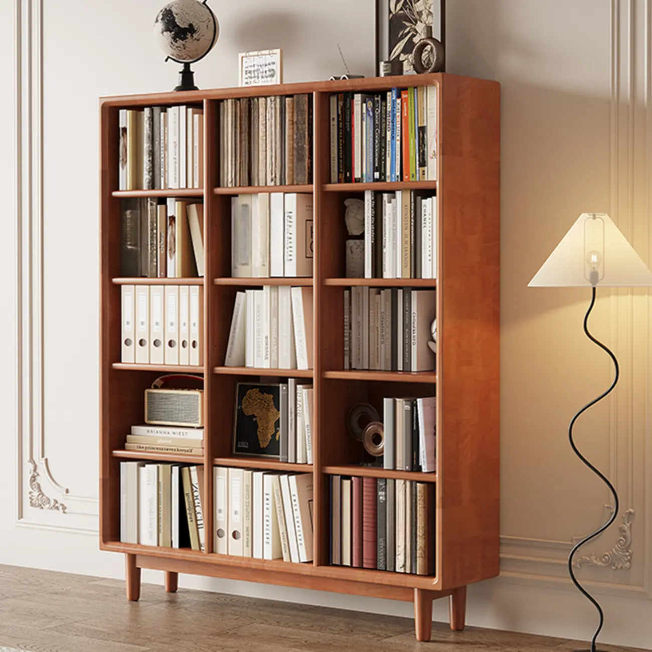 Mid Century Modern Oak Wood Closed Back Standing Bookcase Image - 19 | homeyfad