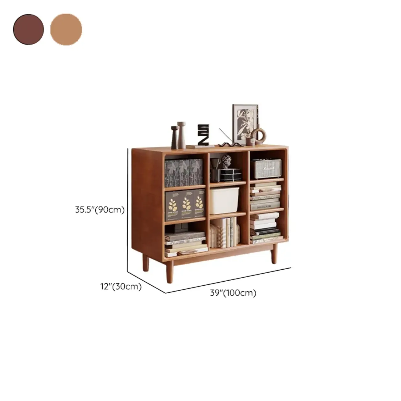 Mid Century Modern Oak Wood Closed Back Standing Bookcase #size