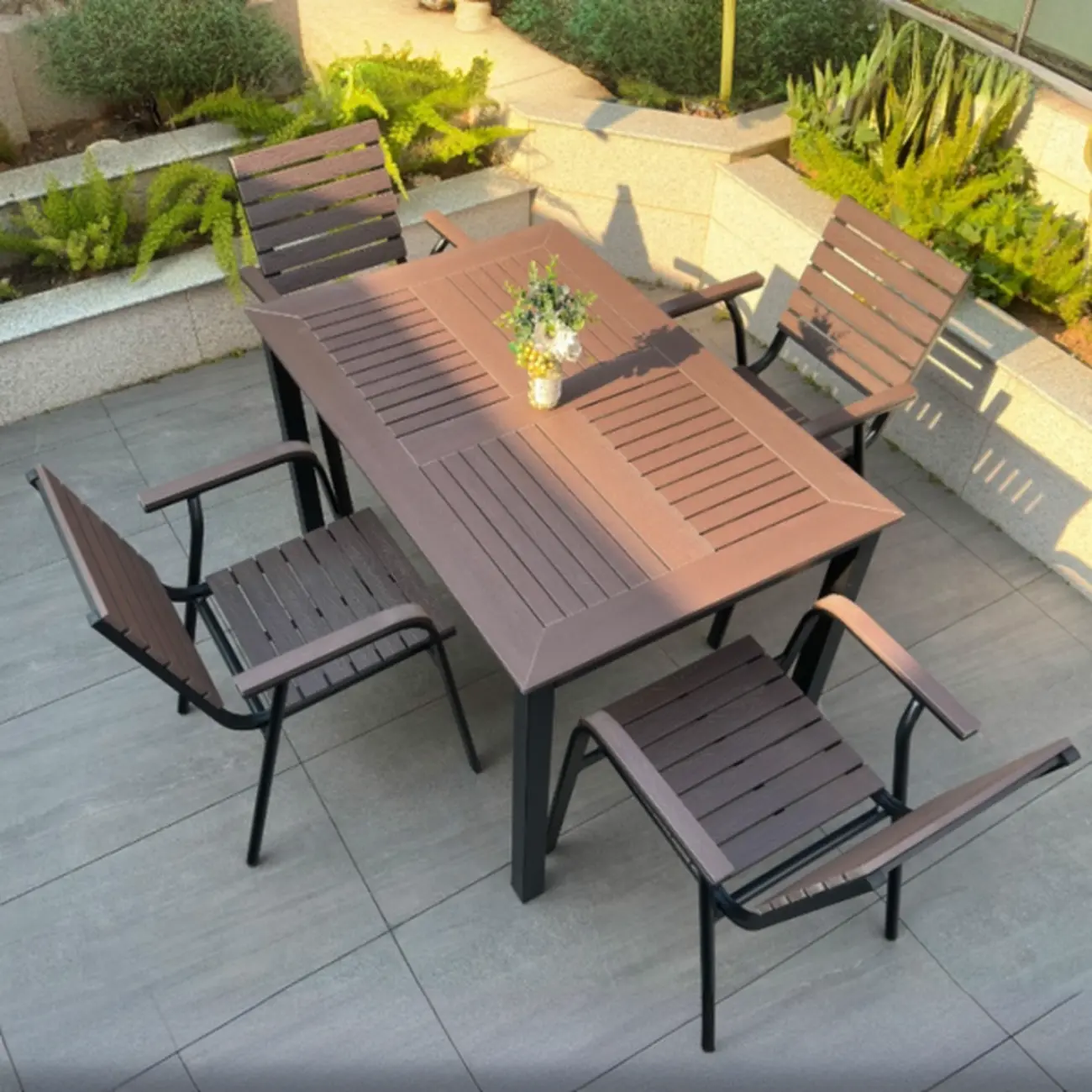Metal Frame Wood Outdoor Dining Set With Stackable Chairs Image - 1 | homeyfad