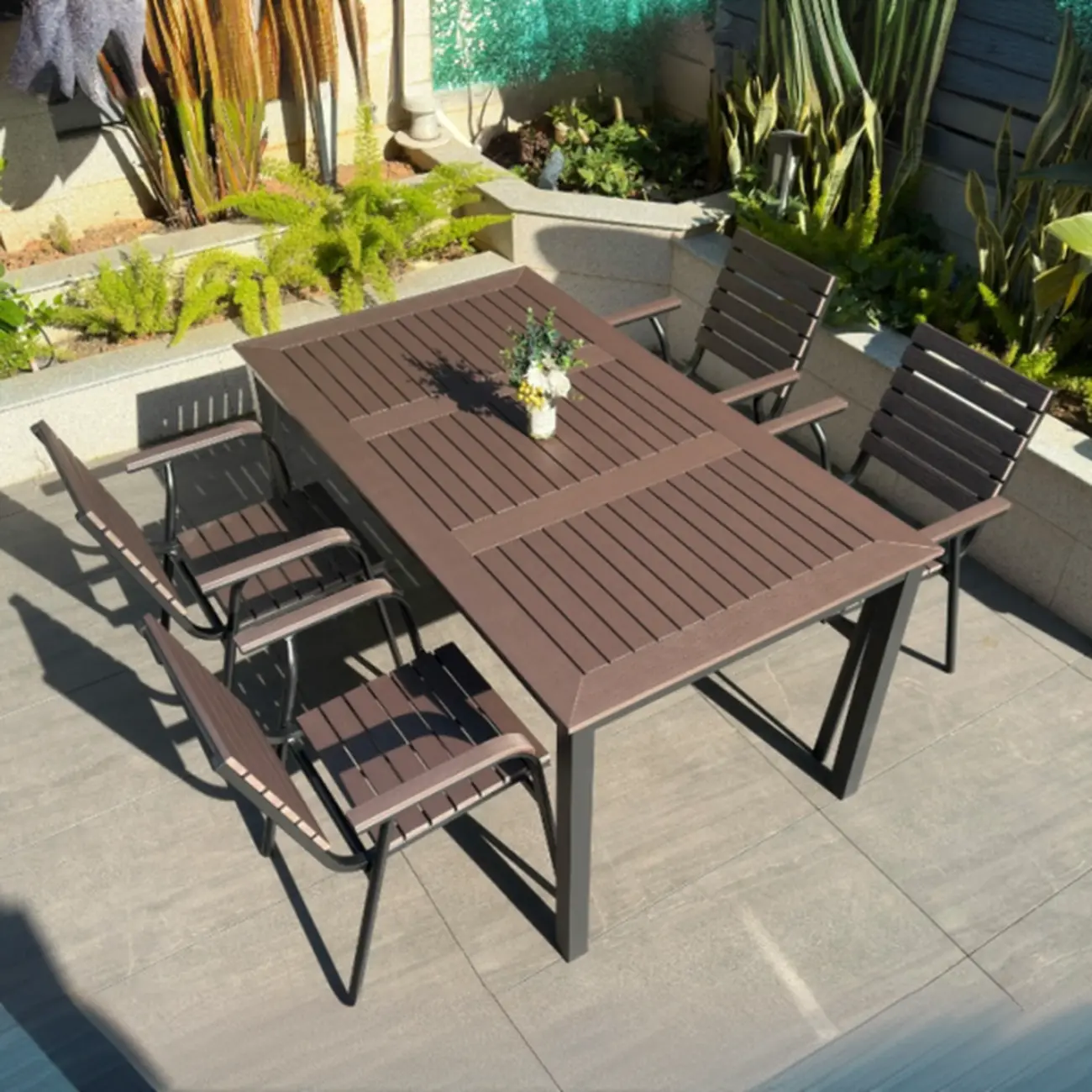Metal Frame Wood Outdoor Dining Set With Stackable Chairs Image - 2 | homeyfad