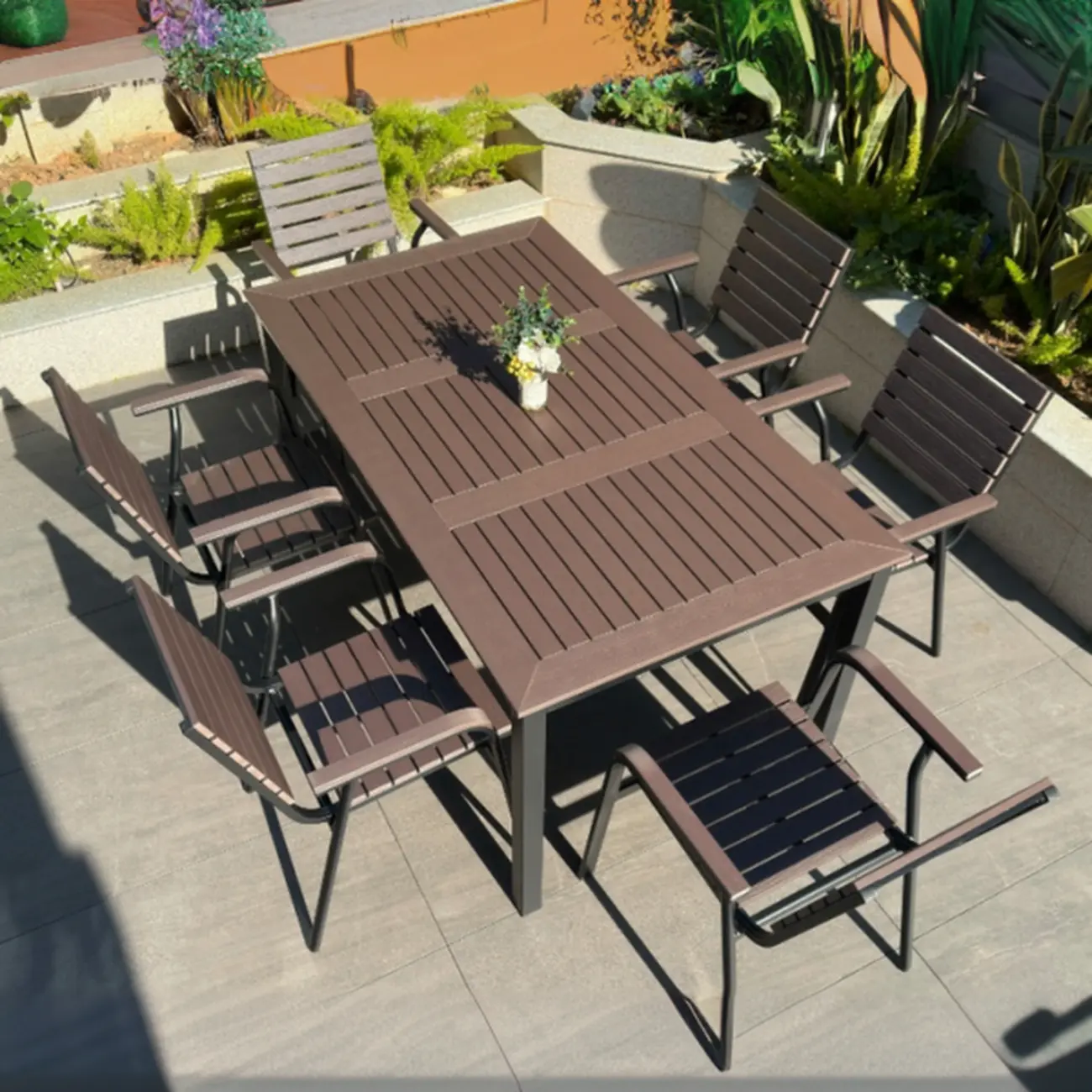Metal Frame Wood Outdoor Dining Set With Stackable Chairs Image - 3 | homeyfad