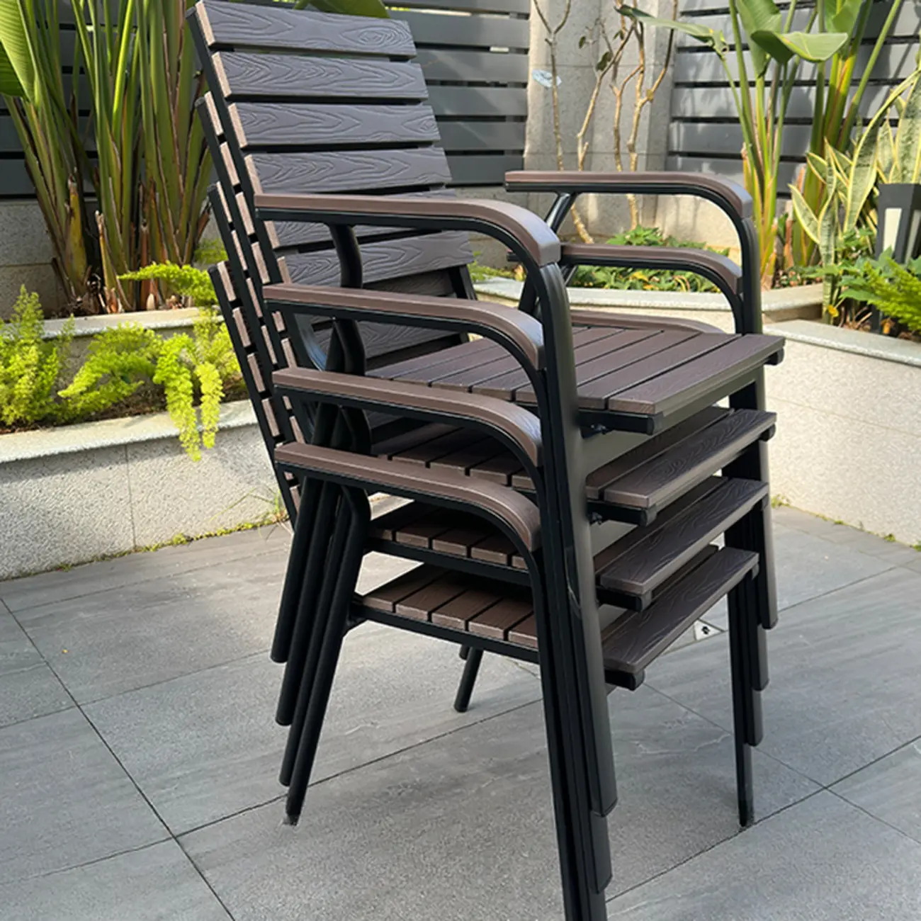 Metal Frame Wood Outdoor Dining Set With Stackable Chairs Image - 6 | homeyfad