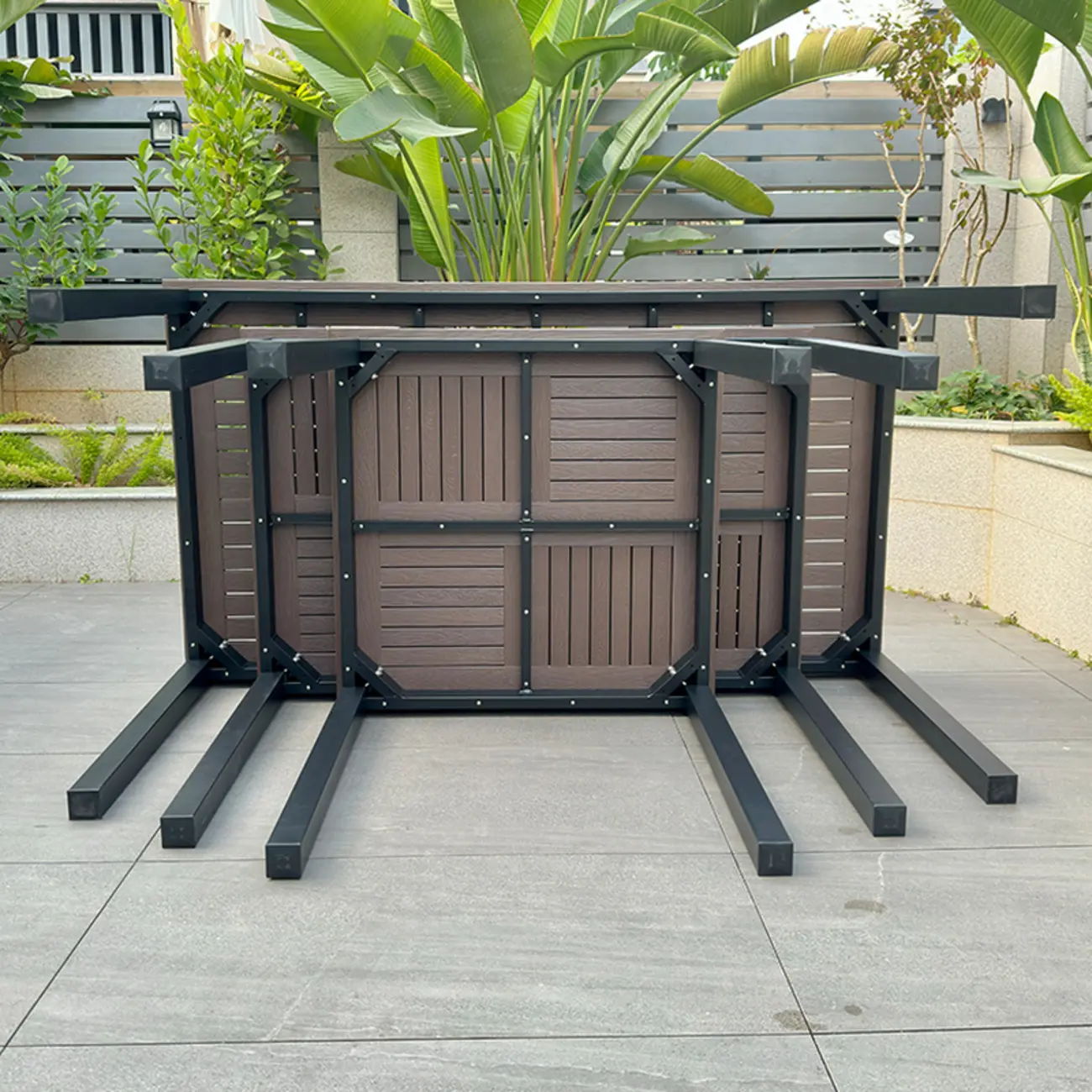 Metal Frame Wood Outdoor Dining Set With Stackable Chairs Image - 7 | homeyfad