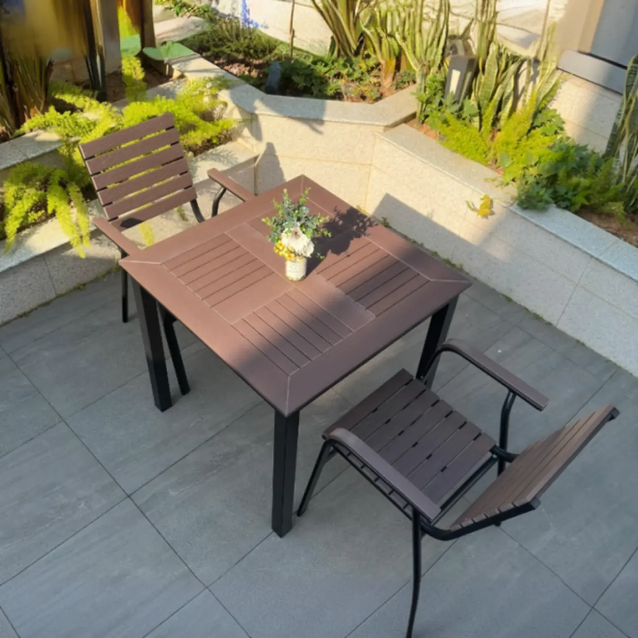 Metal Frame Wood Outdoor Dining Set With Stackable Chairs Image - 8 | homeyfad