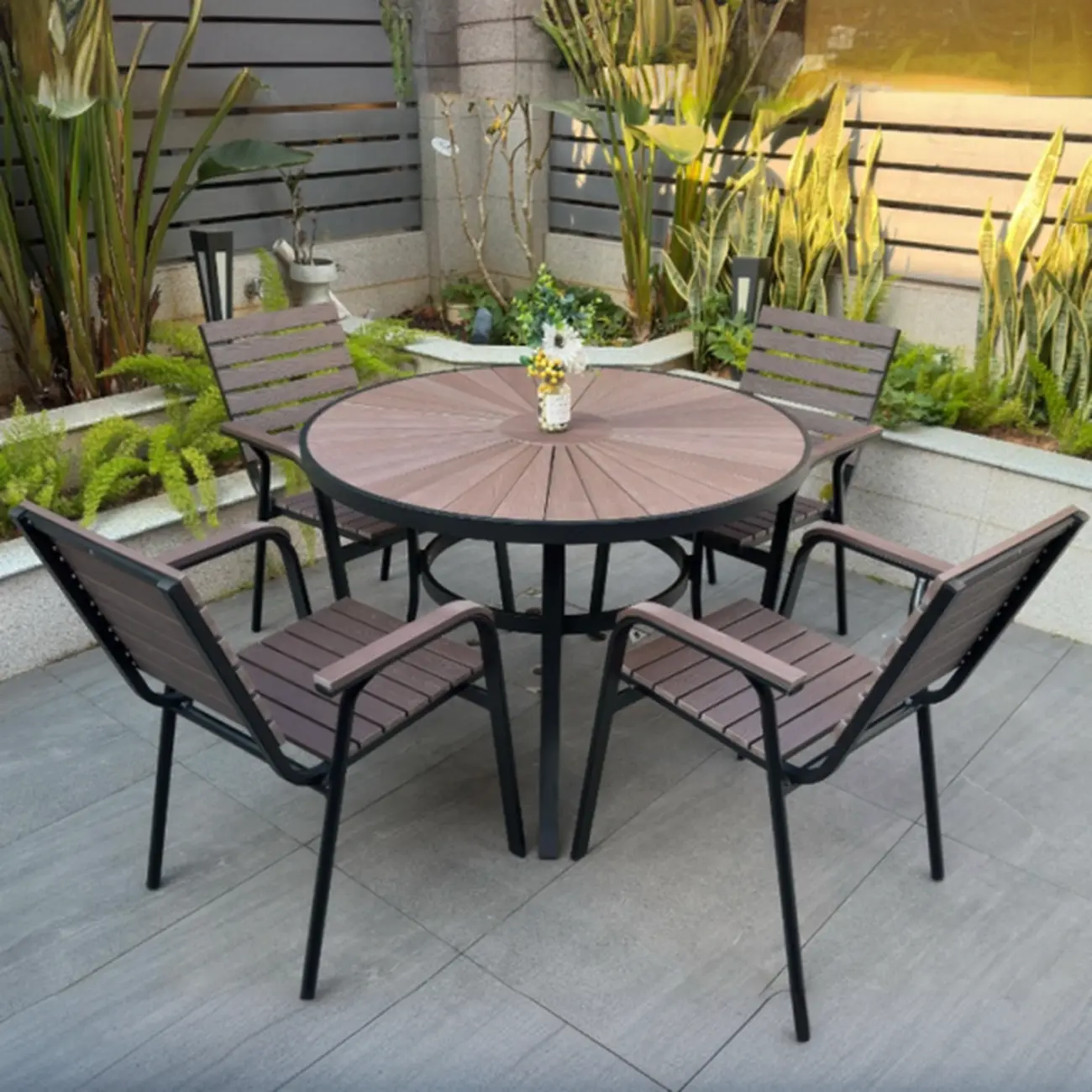 Metal Frame Wood Outdoor Dining Set With Stackable Chairs Image - 4 | homeyfad