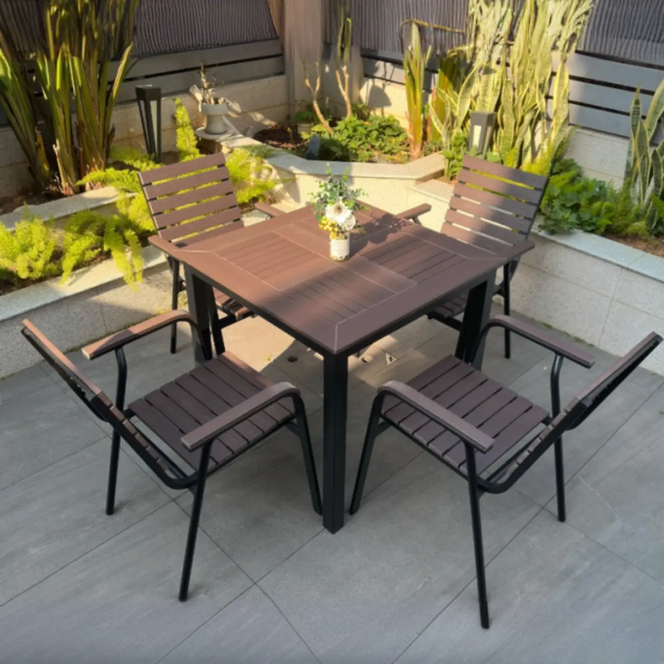 Metal Frame Wood Outdoor Dining Set With Stackable Chairs Image - 5 | homeyfad