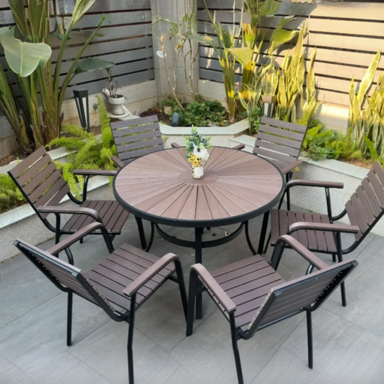 Metal Frame Wood Outdoor Dining Set With Stackable Chairs Image - 11 | homeyfad