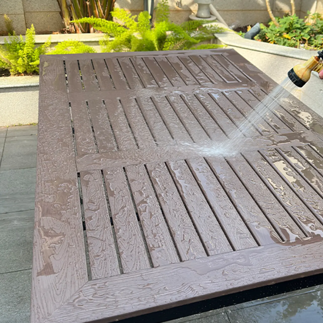 Metal Frame Wood Outdoor Dining Set With Stackable Chairs Image - 12 | homeyfad