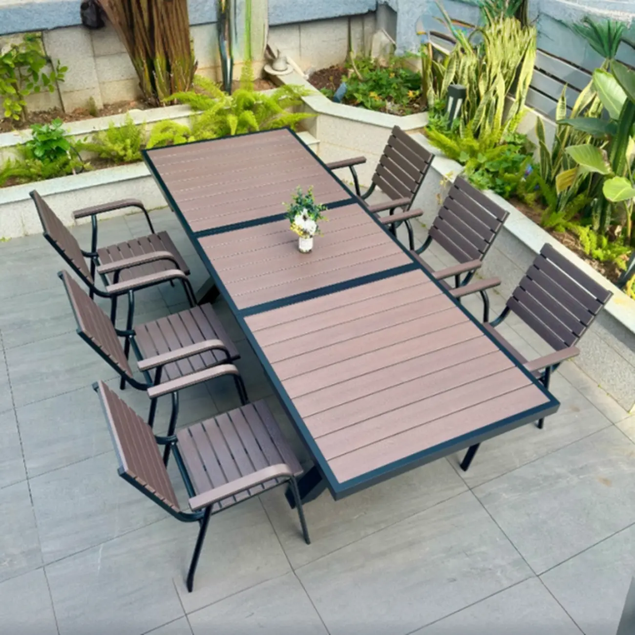Metal Frame Wood Outdoor Dining Set With Stackable Chairs Image - 13 | homeyfad