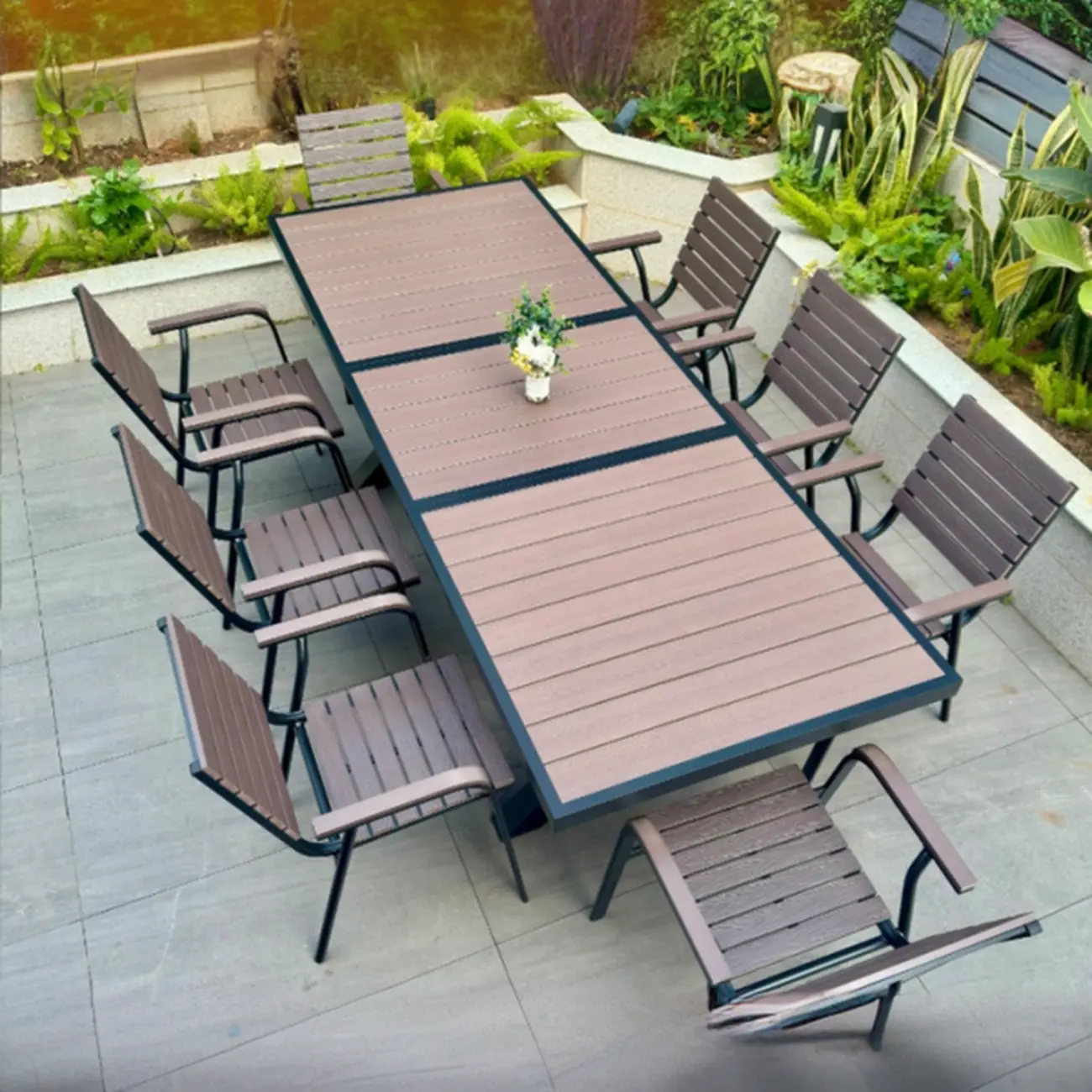 Metal Frame Wood Outdoor Dining Set With Stackable Chairs Image - 15 | homeyfad