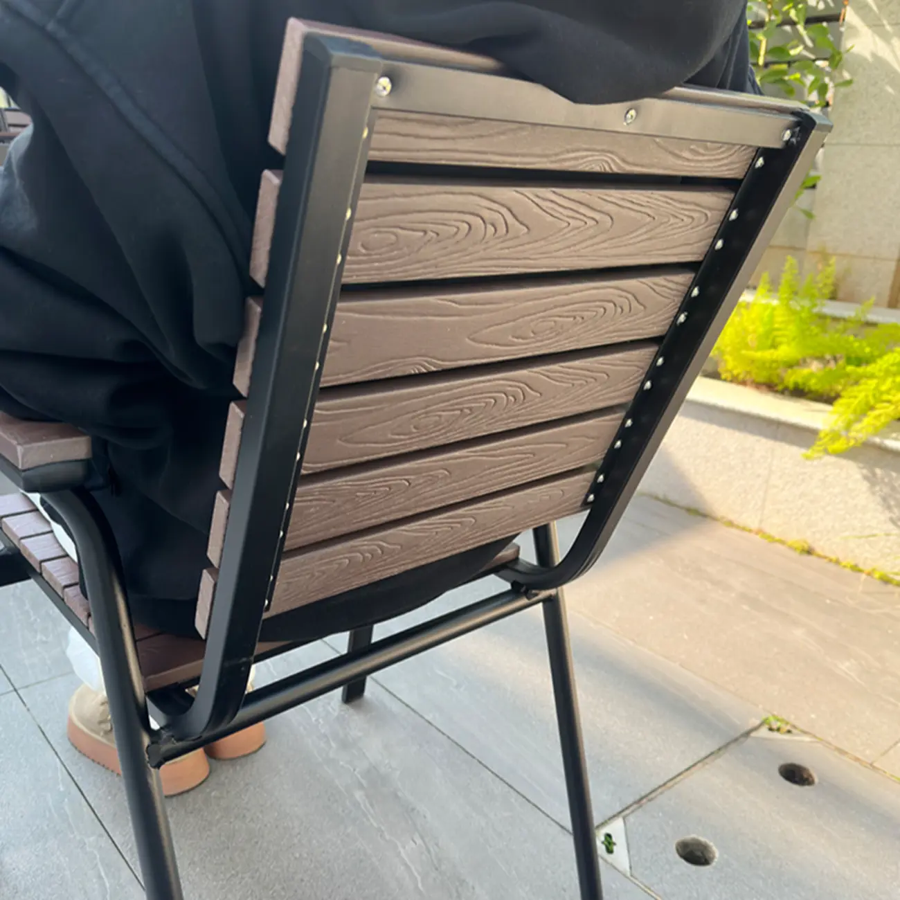 Metal Frame Wood Outdoor Dining Set With Stackable Chairs Image - 18 | homeyfad