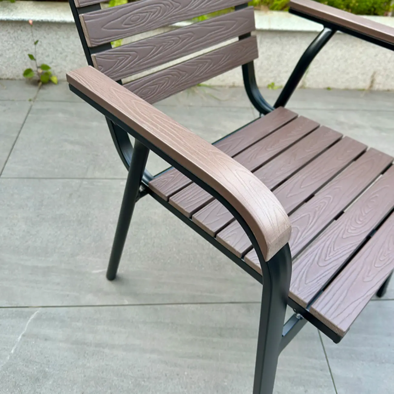 Metal Frame Wood Outdoor Dining Set With Stackable Chairs Image - 19 | homeyfad