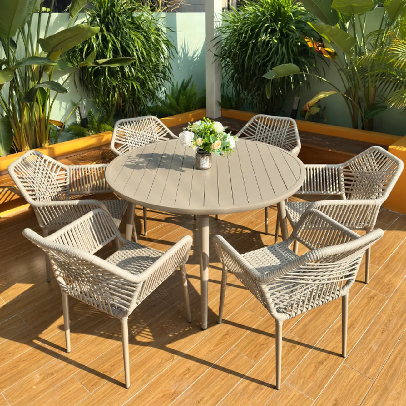 7-Piece Outdoor Dining Set: Round Table & 6 Rope Chairs Image - 1 | homeyfad
