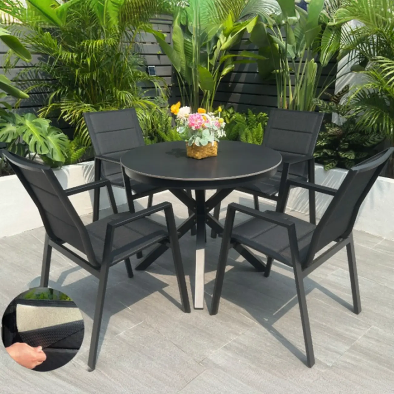 Black Modern Patio Dining Set Aluminum & Padded Sling Image - 3 | homeyfad