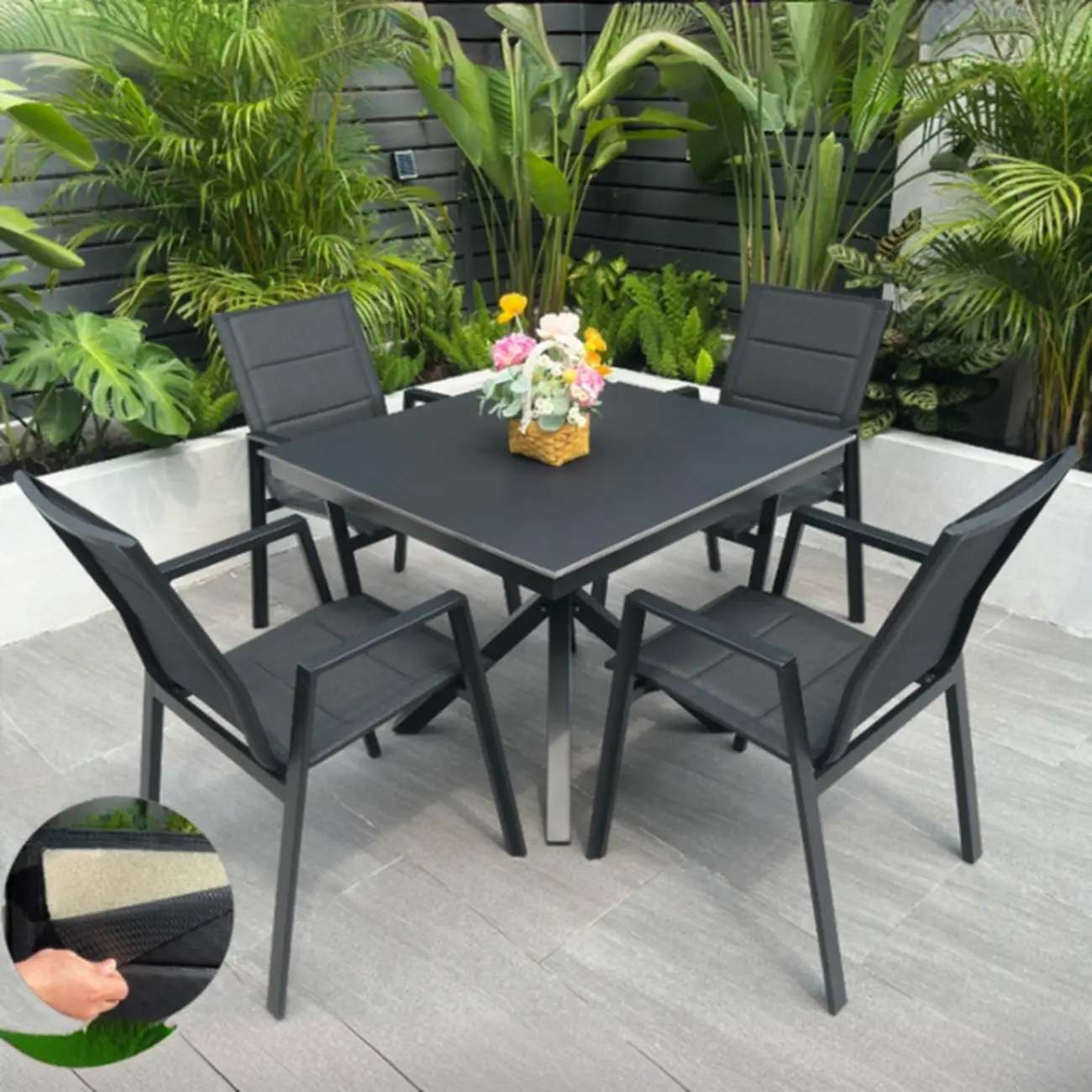 Black Modern Patio Dining Set Aluminum & Padded Sling Image - 7 | homeyfad