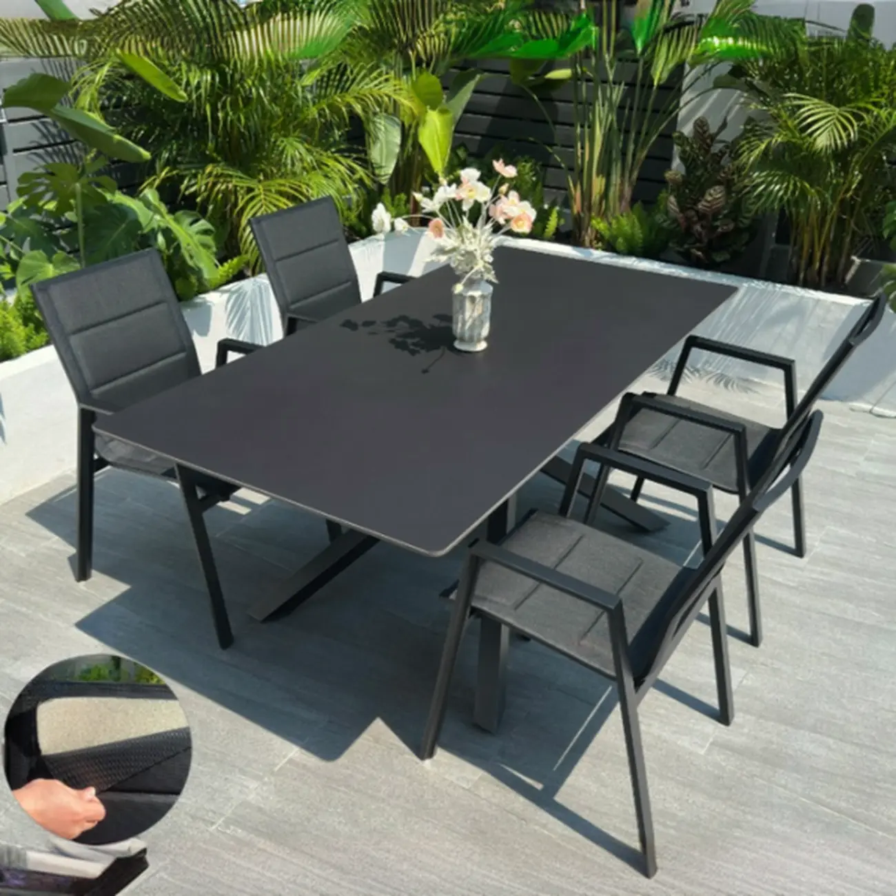 Black Modern Patio Dining Set Aluminum & Padded Sling Image - 9 | homeyfad