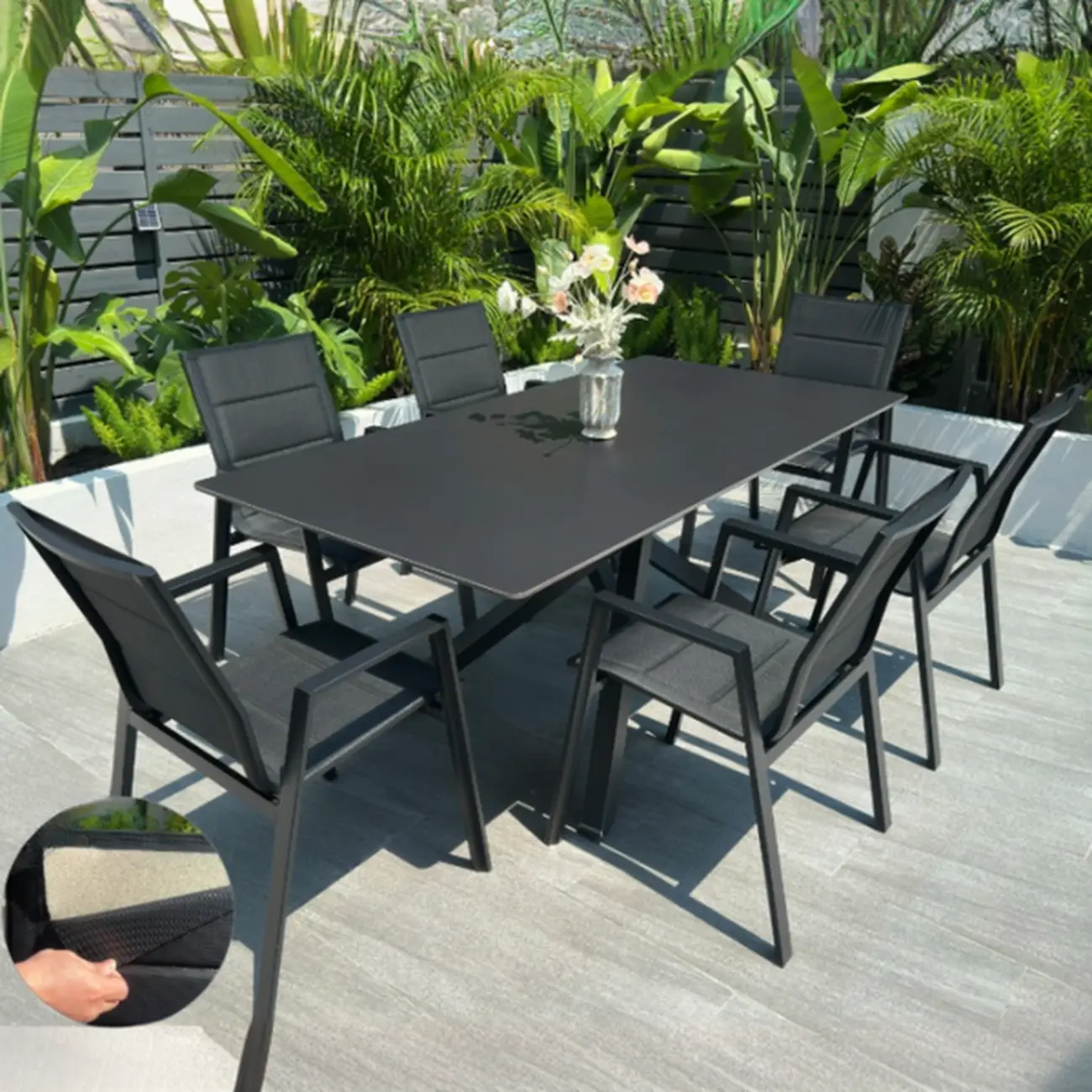 Black Modern Patio Dining Set Aluminum & Padded Sling Image - 10 | homeyfad