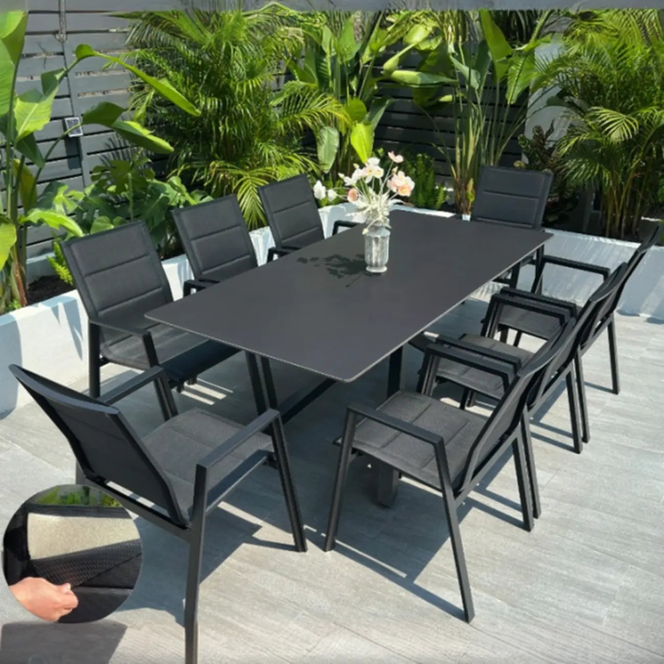 Black Modern Patio Dining Set Aluminum & Padded Sling Image - 11 | homeyfad