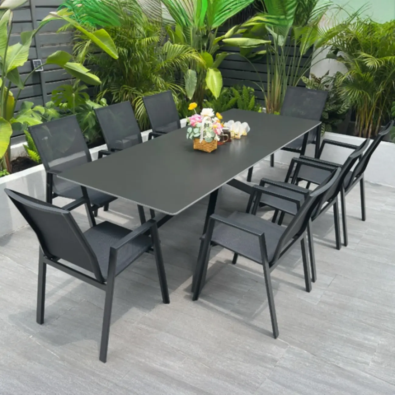 Black Modern Patio Dining Set Aluminum & Padded Sling Image - 12 | homeyfad