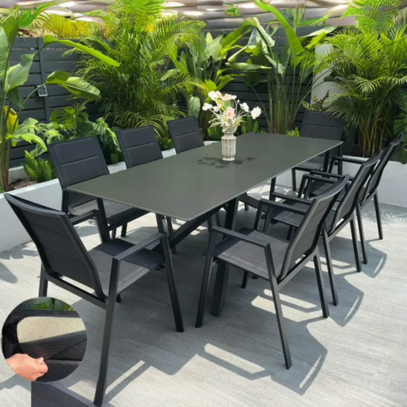 Black Modern Patio Dining Set Aluminum & Padded Sling Image - 13 | homeyfad