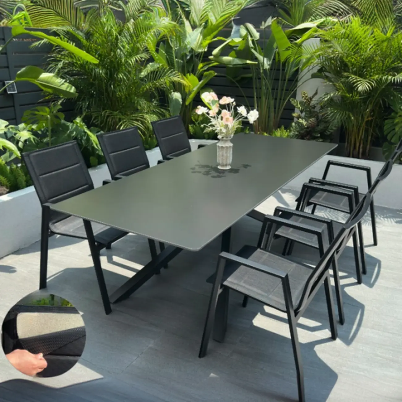 Black Modern Patio Dining Set Aluminum & Padded Sling Image - 14 | homeyfad