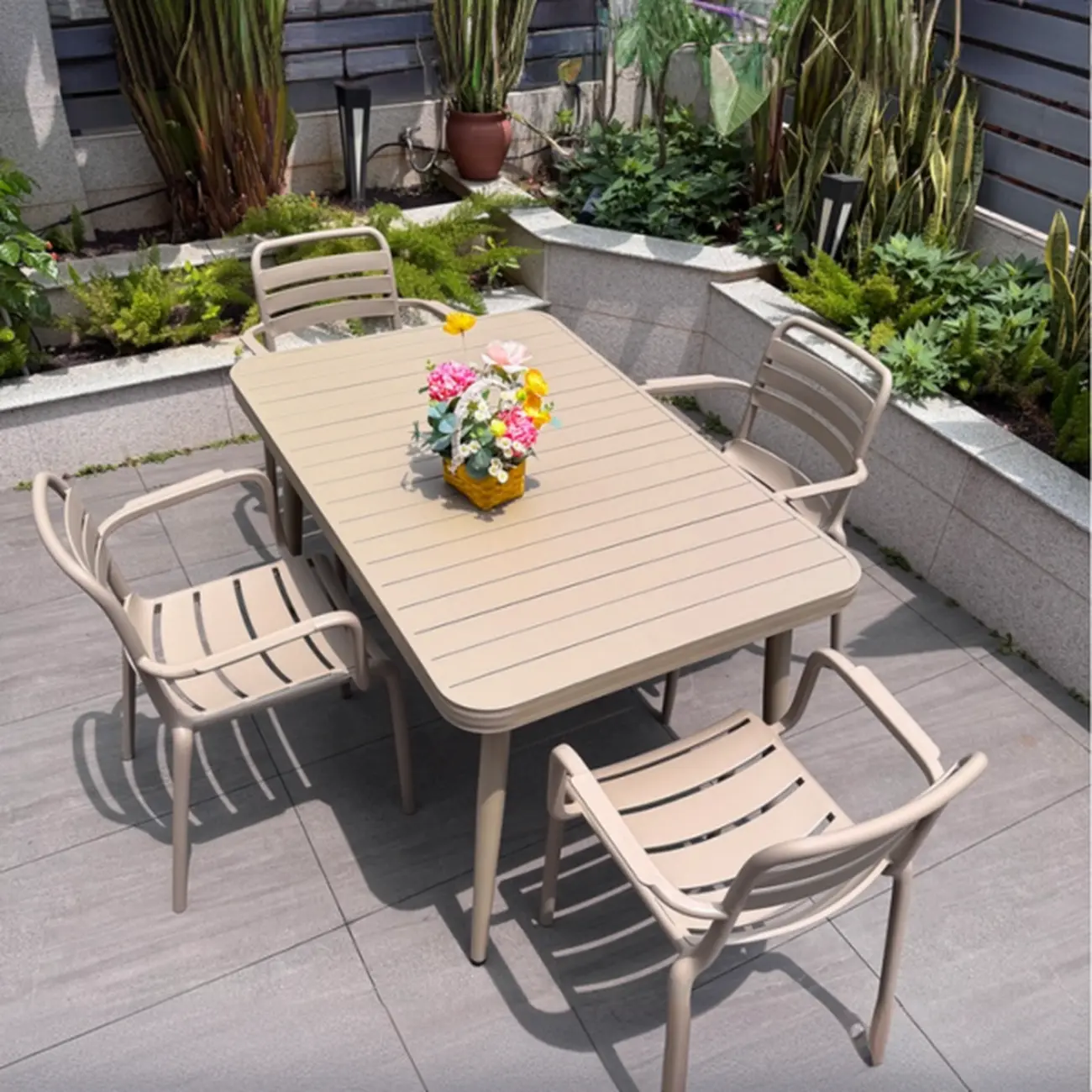 Rectangle Beige Modern Metal Outdoor Dining Set Image - 1 | homeyfad