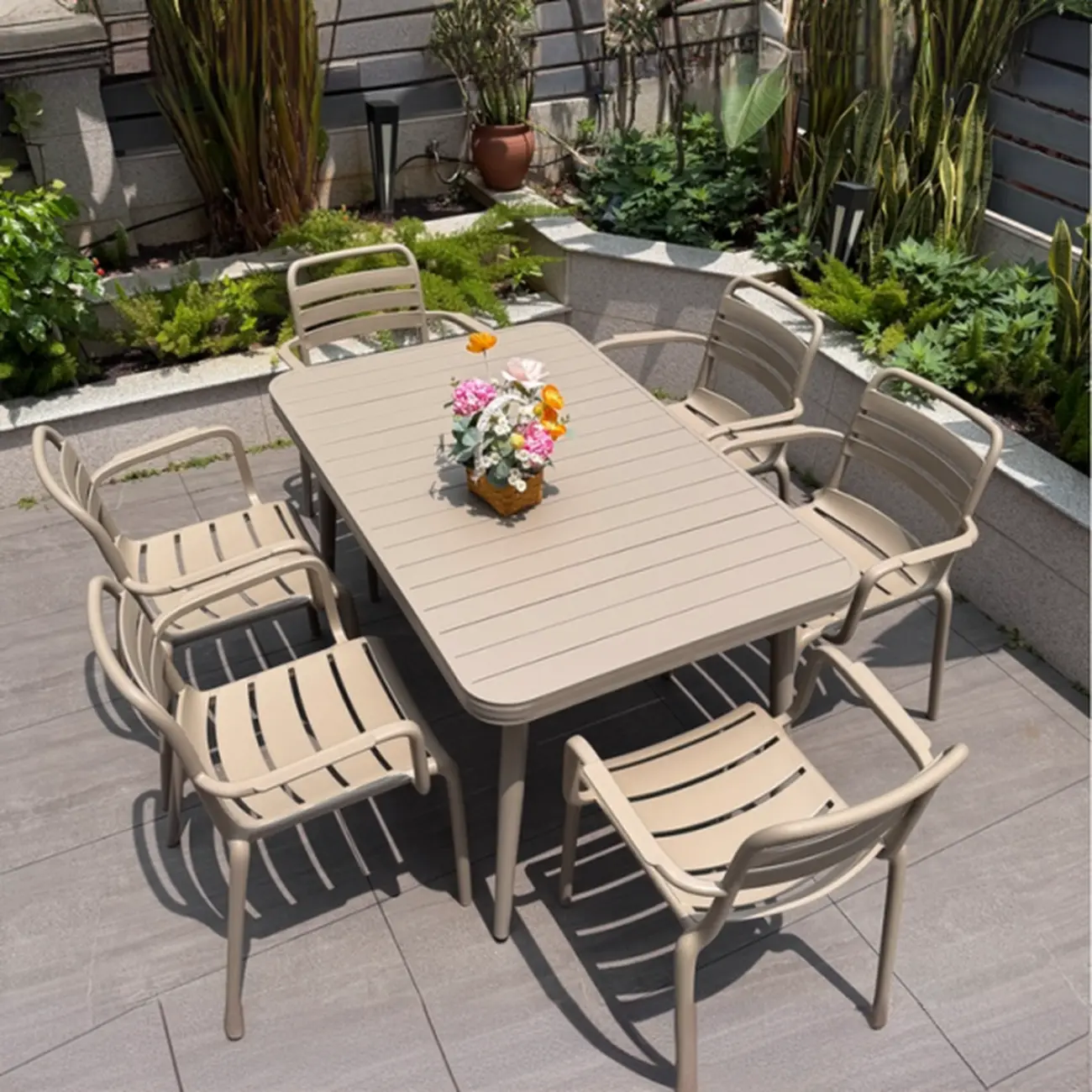 Rectangle Beige Modern Metal Outdoor Dining Set Image - 2 | homeyfad