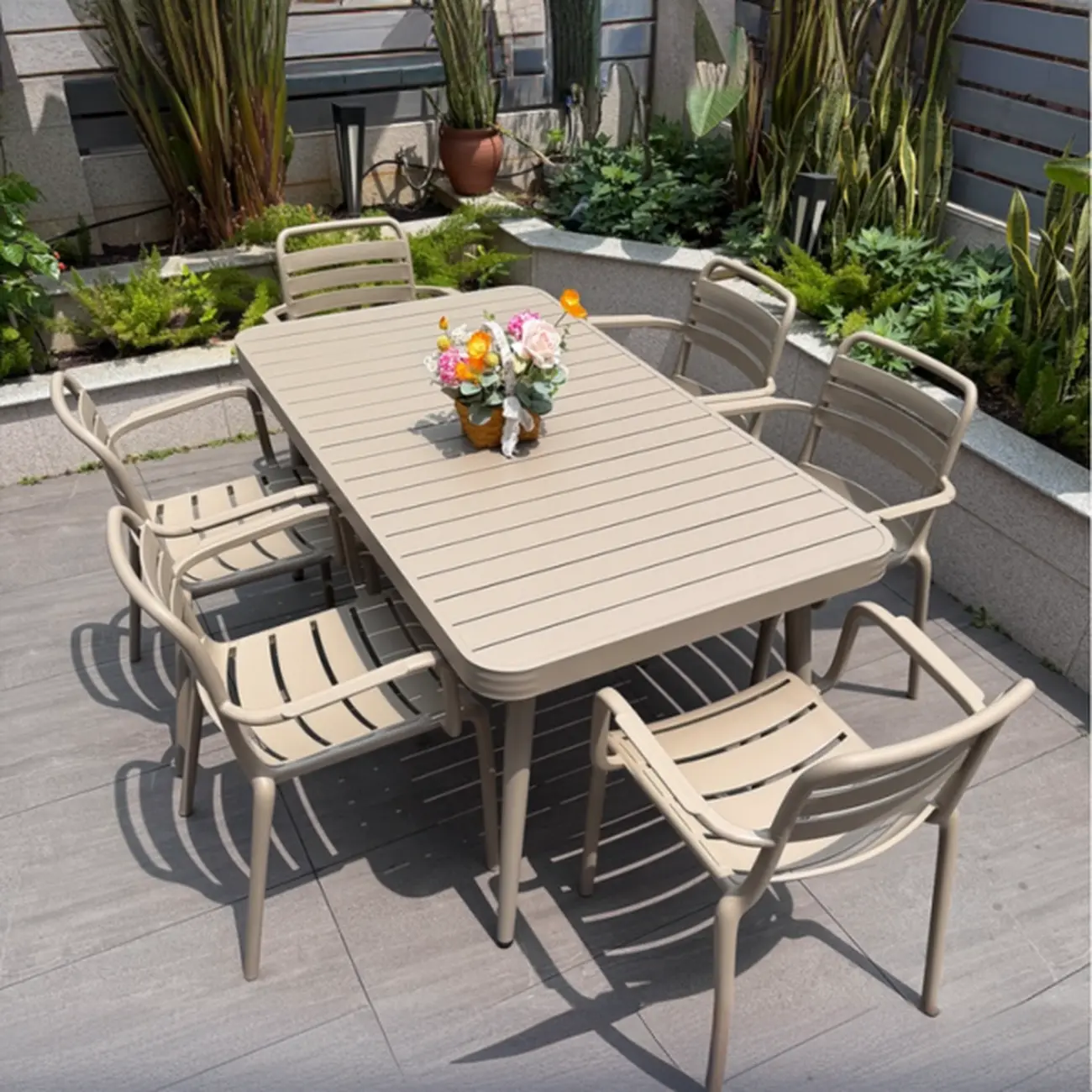 Rectangle Beige Modern Metal Outdoor Dining Set Image - 3 | homeyfad