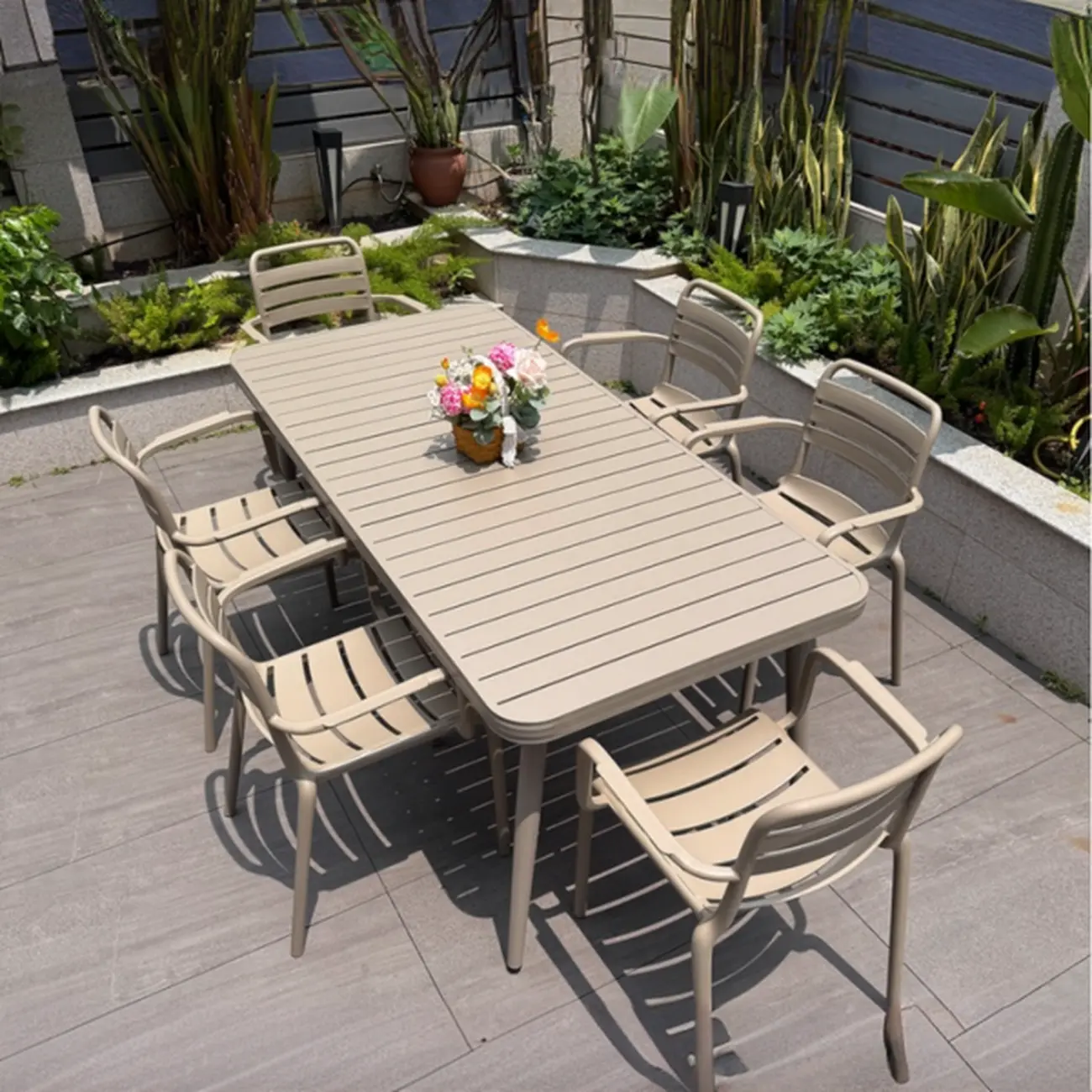 Rectangle Beige Modern Metal Outdoor Dining Set Image - 4 | homeyfad