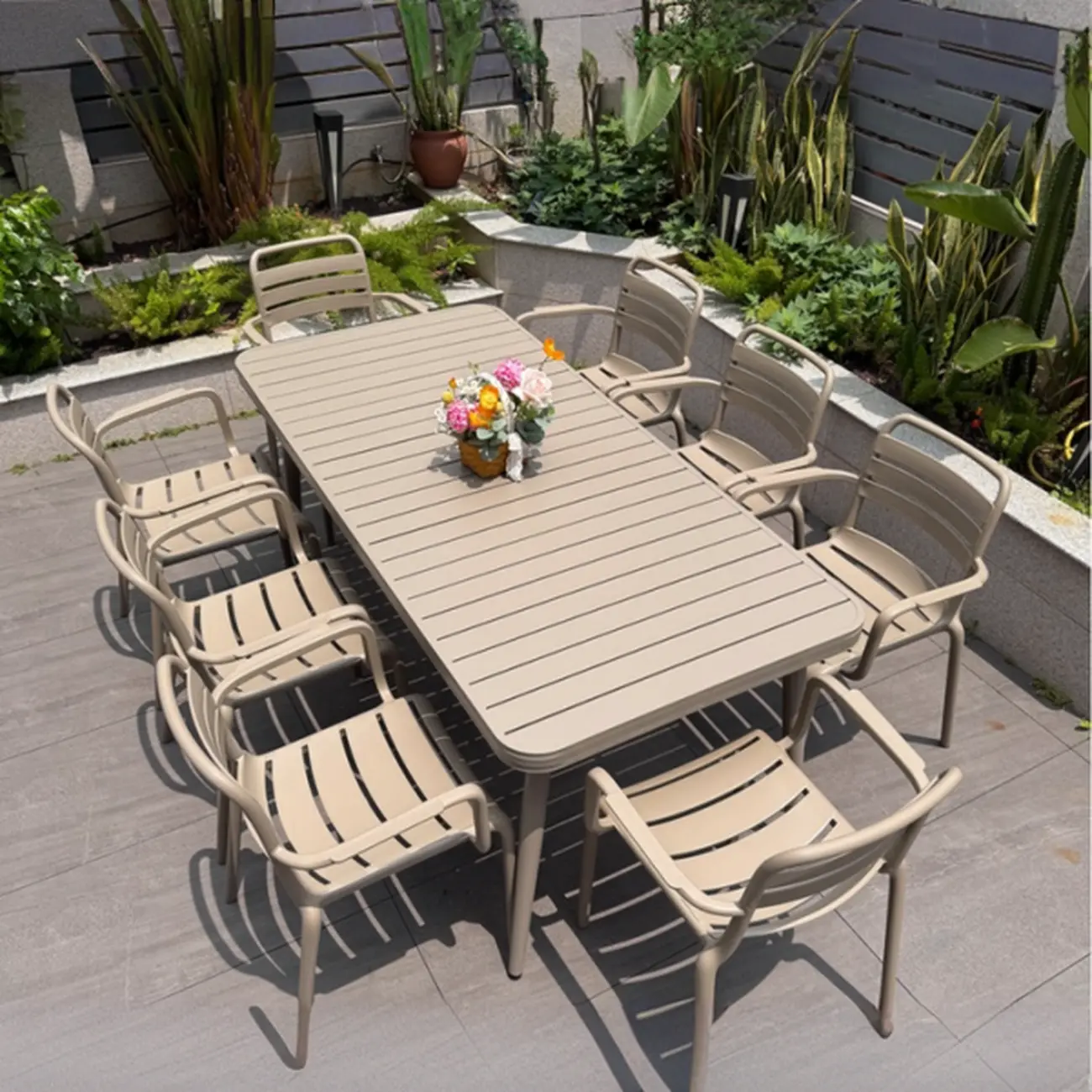 Rectangle Beige Modern Metal Outdoor Dining Set Image - 7 | homeyfad