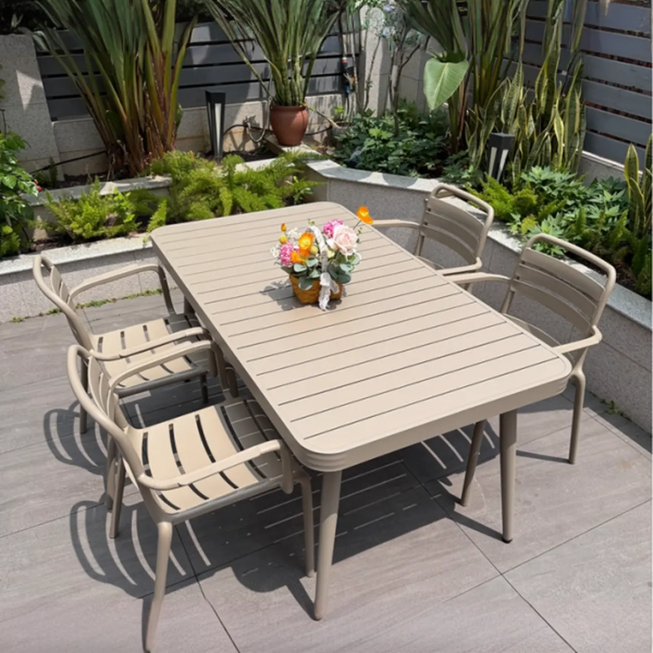 Rectangle Beige Modern Metal Outdoor Dining Set Image - 9 | homeyfad