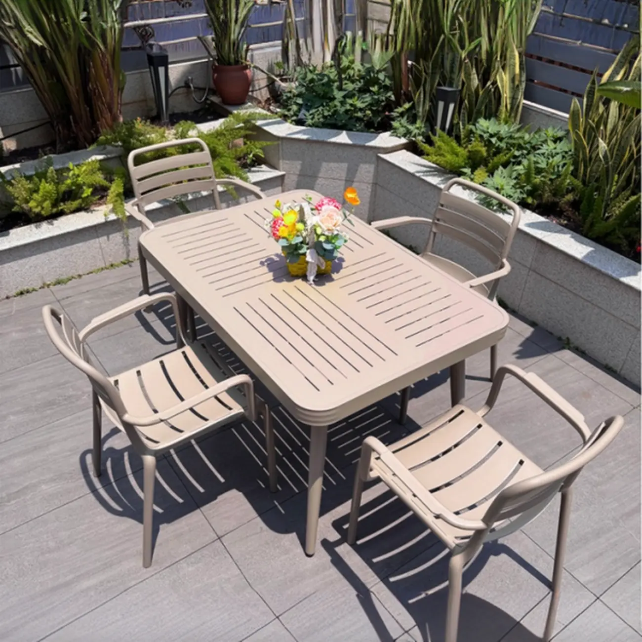 Rectangle Beige Modern Metal Outdoor Dining Set Image - 11 | homeyfad