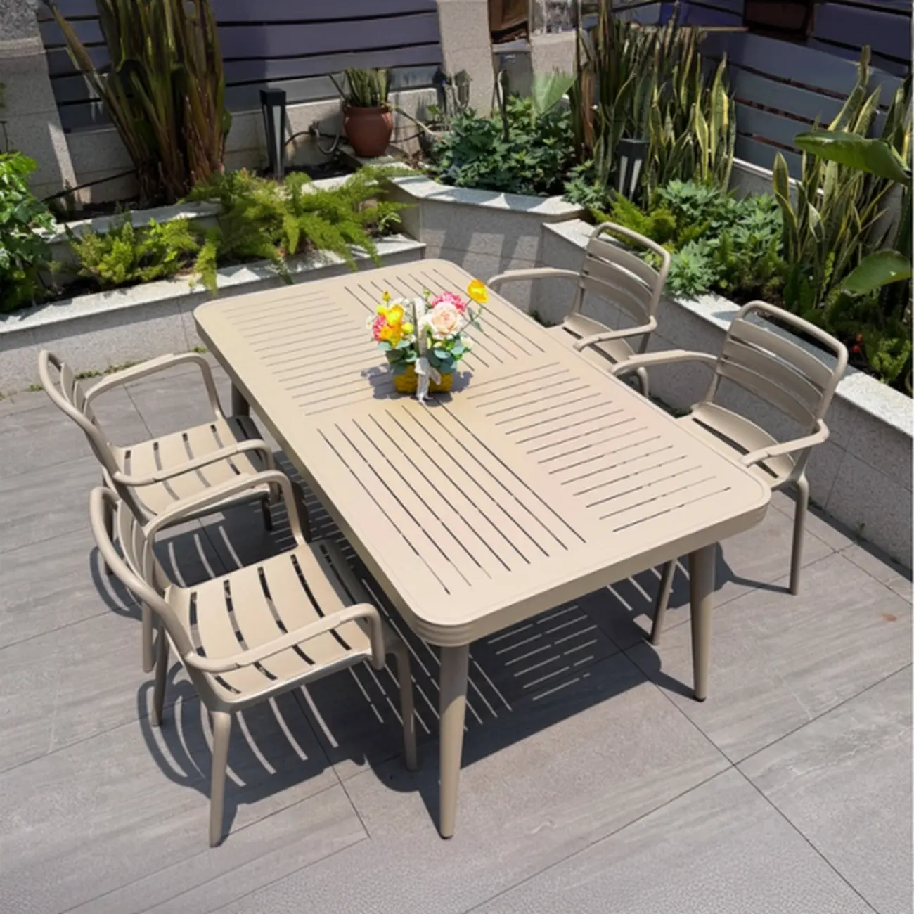 Rectangle Beige Modern Metal Outdoor Dining Set Image - 12 | homeyfad