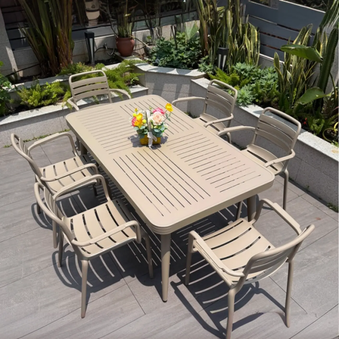 Rectangle Beige Modern Metal Outdoor Dining Set Image - 13 | homeyfad