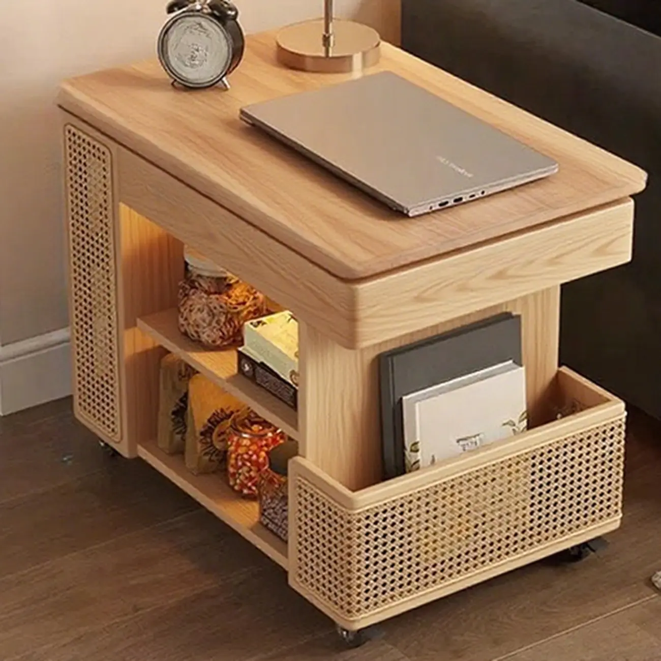 Swivel Tabletop Adjustable Wood Side Table with Wheels Image - 3 | homeyfad