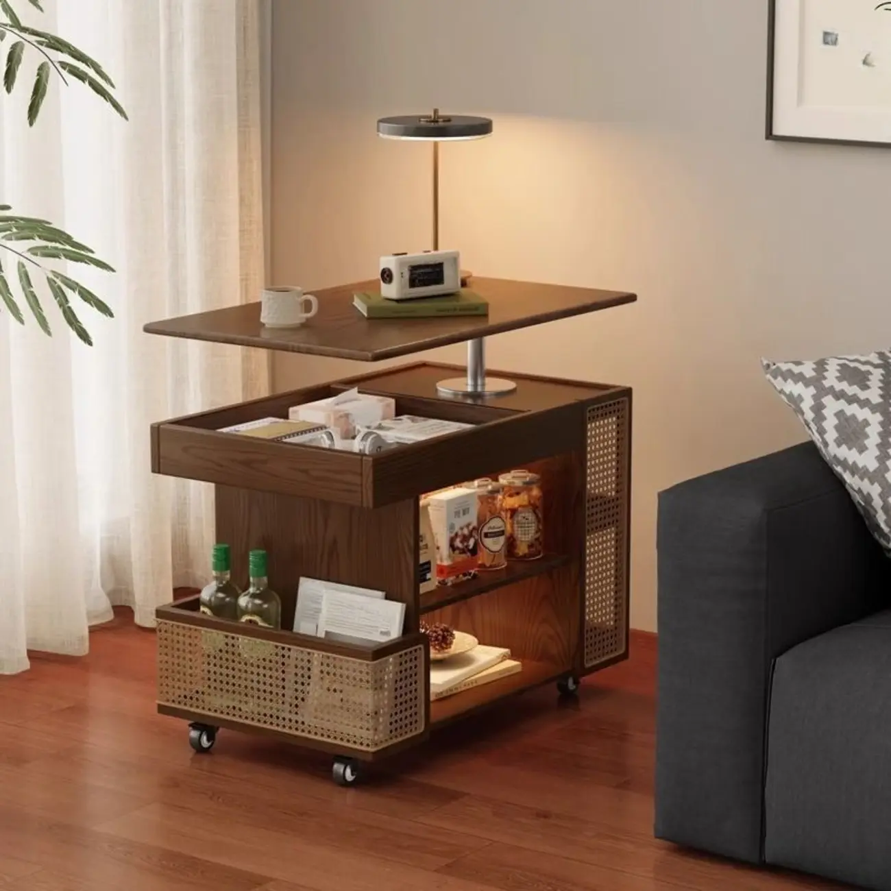 Swivel Tabletop Adjustable Wood Side Table with Wheels Image - 5 | homeyfad