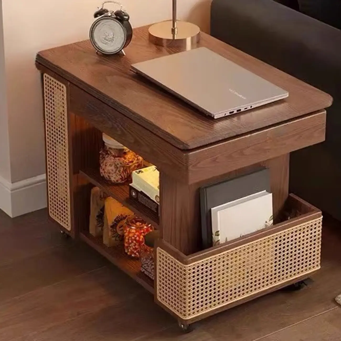 Swivel Tabletop Adjustable Wood Side Table with Wheels Image - 6 | homeyfad