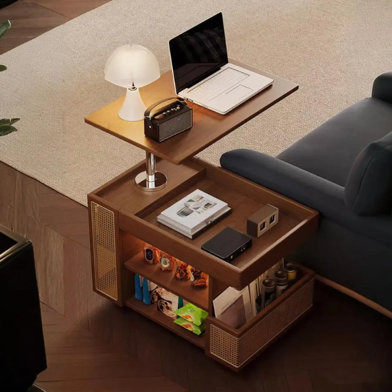 Swivel Tabletop Adjustable Wood Side Table with Wheels Image - 7