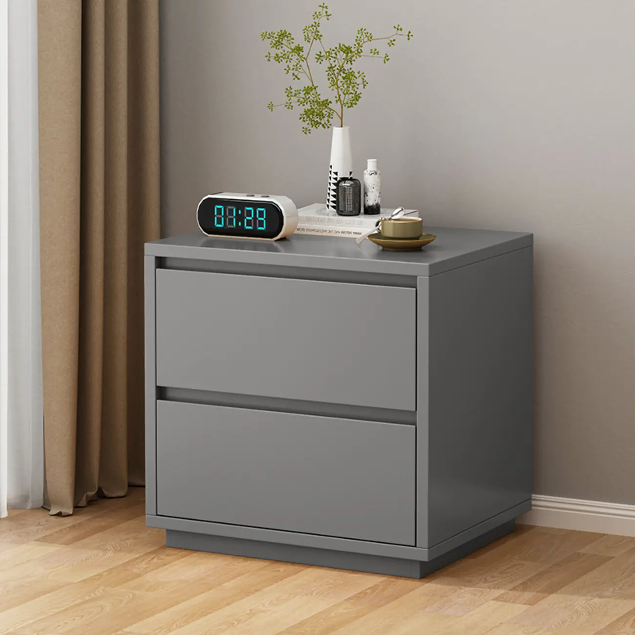 Wood Modern Narrow Two-Drawer Nightstand Image - 5 | homeyfad